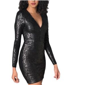 NWT Dress the Population “Shauna” Black Bodycon Long Sleeve Sequin Mini Dress